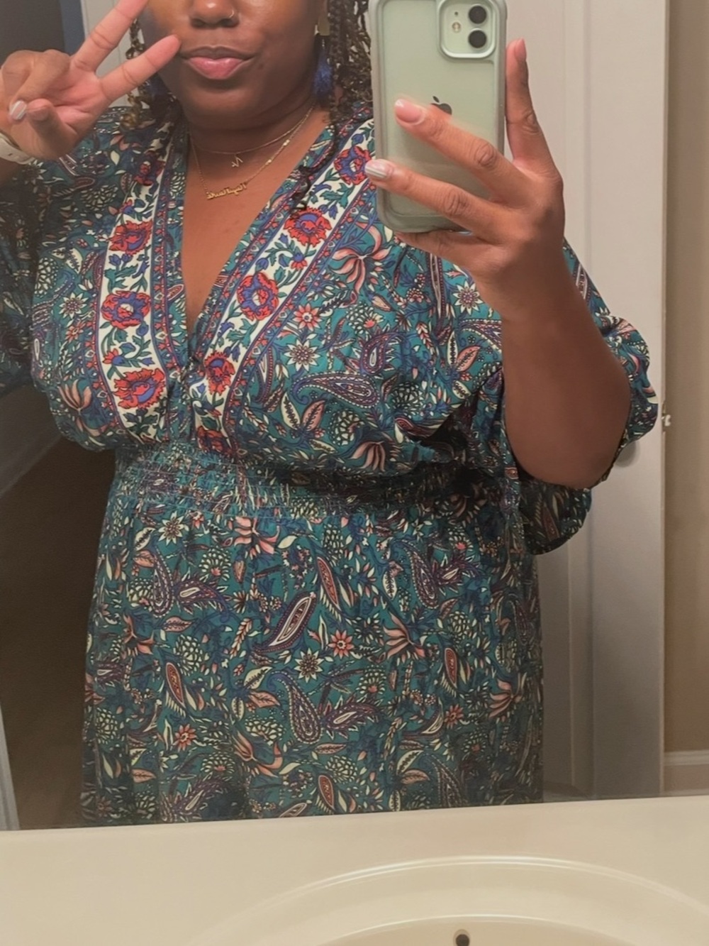 Teal Paisley V-Neck Smocked Waist Dress
